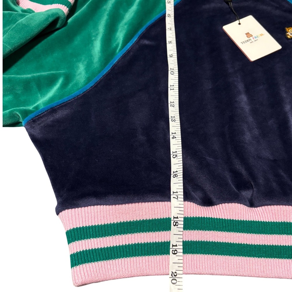 NWT Teddy Fresh Womens Velour Cropped Sweatshirt Navy Green Pink Bear Logo XS - Picture 6 of 7